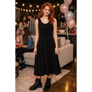 Milly Minis Black Tiered Sleeveless Midi Dress Size 12 Stretch Scoop Neck Party